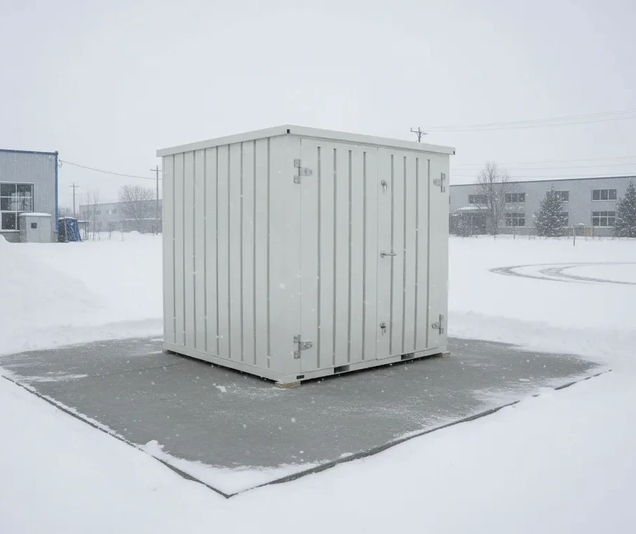 Flat-pack storage container performing reliably in Canadian winter conditions.