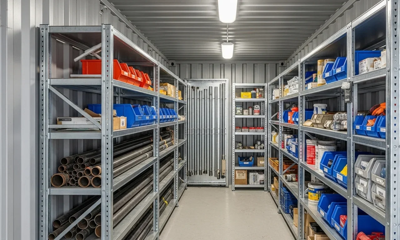 Interior of modular jobsite storage container with organized shelving and tools