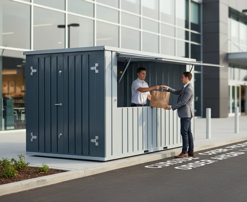 Retail storage container with integrated curbside pickup kiosk supporting BOPIS order fulfillment