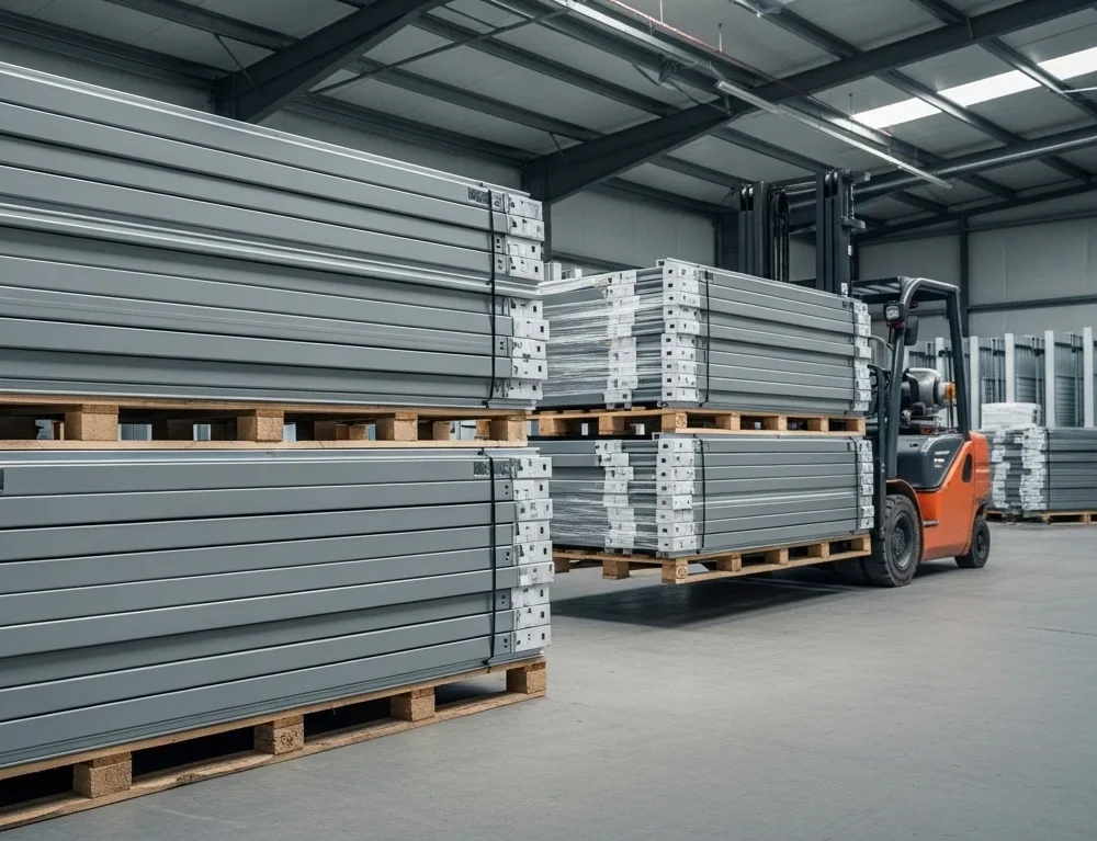Flat-pack modular self storage unit components staged for logistics and shipping.