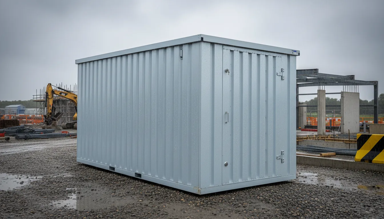 Steel storage container on construction site in rainy weather