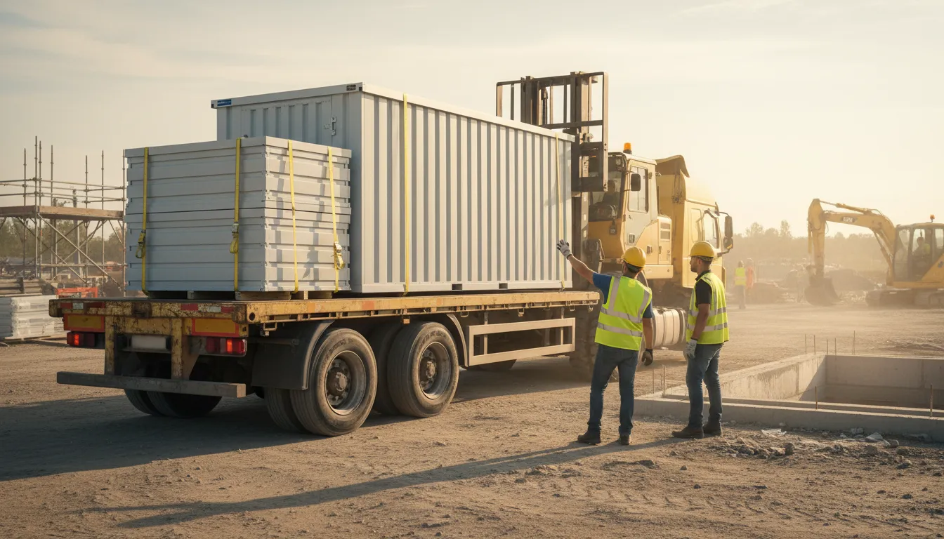Flat pack container panels being delivered and unloaded at construction site