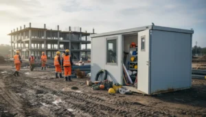 Construction workers beside a cluttered jobsite storage container with tools and equipment left outside