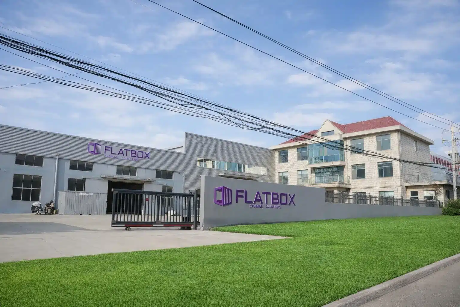 Exterior view of Flatbox office and storage container solutions headquarters building
