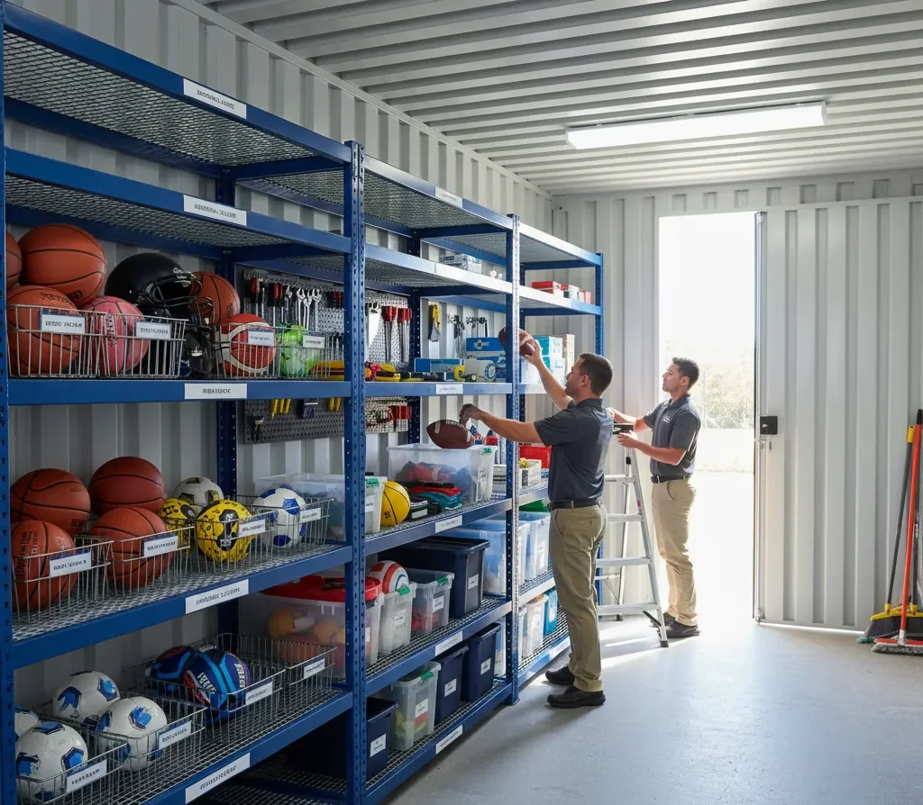 Organized campus storage unit with labeled shelves and equipment for easy access