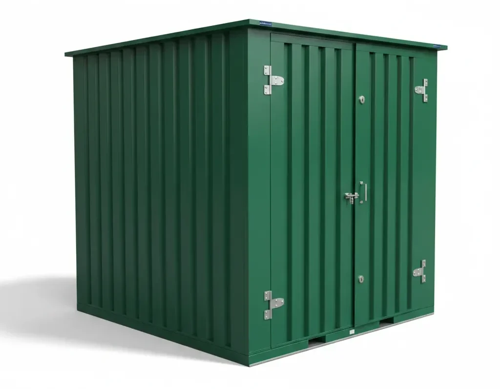 Green flat-pack steel storage container prepared for shipping and deployment