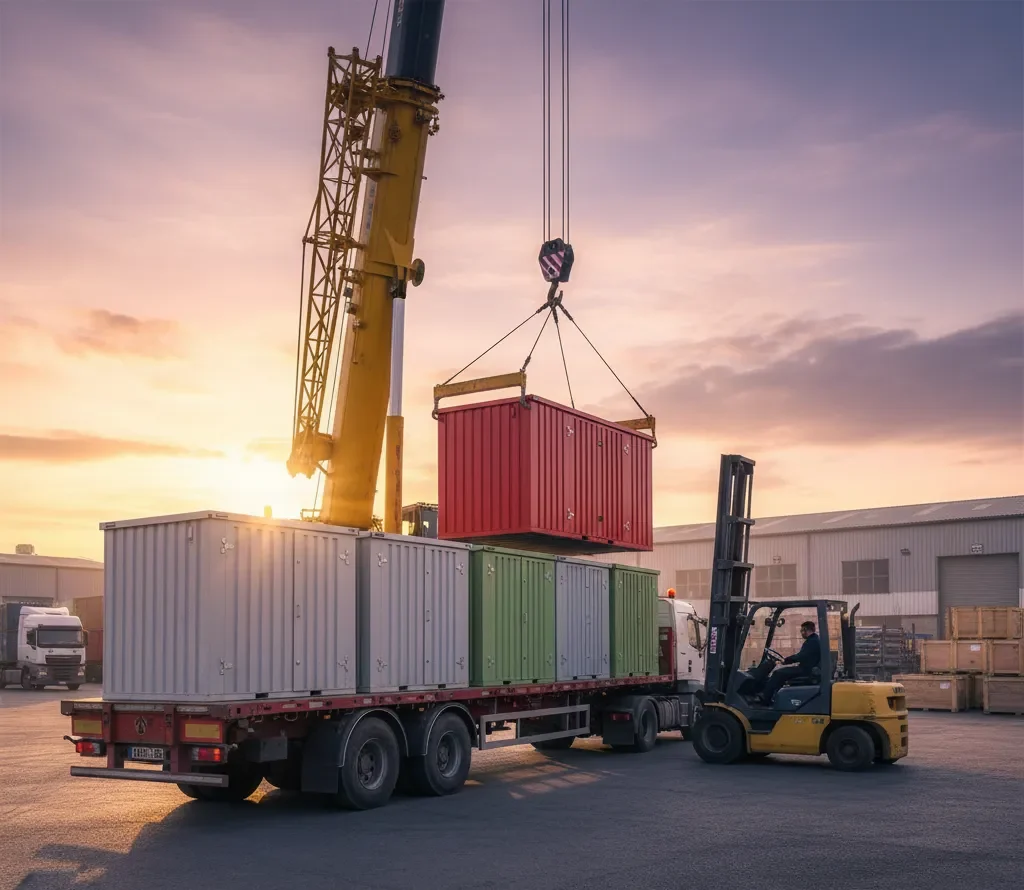 Flat-pack storage containers being loaded onto a truck for efficient transport and reduced freight costs