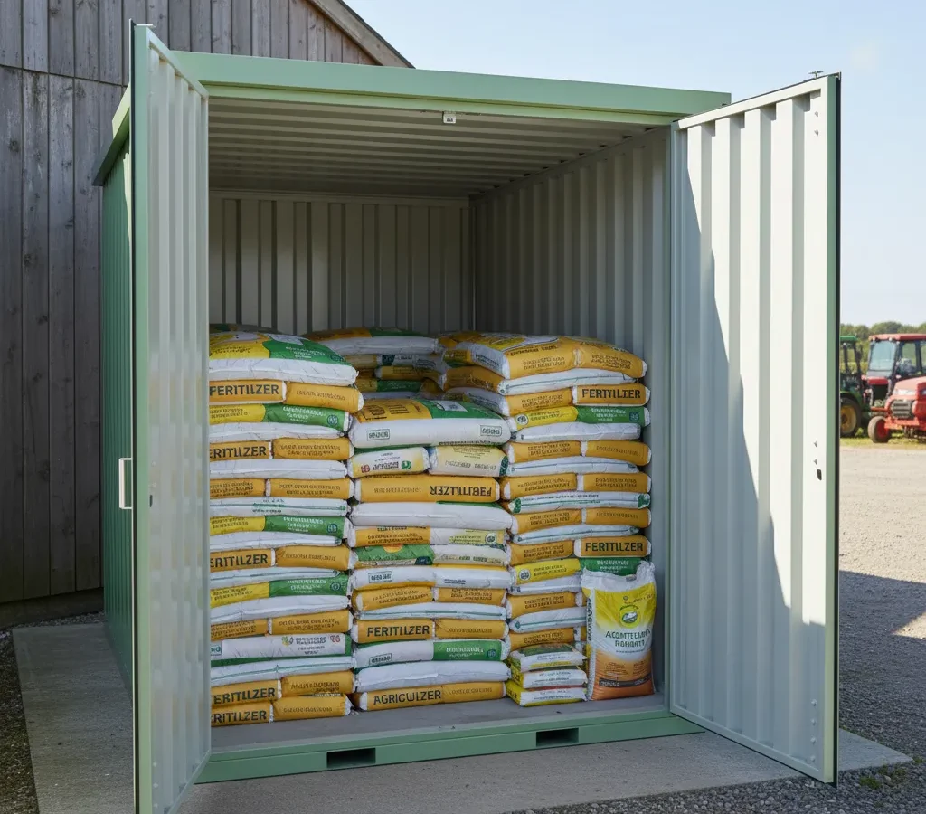 Steel storage container used for fertilizer and agricultural supply storage on a farm