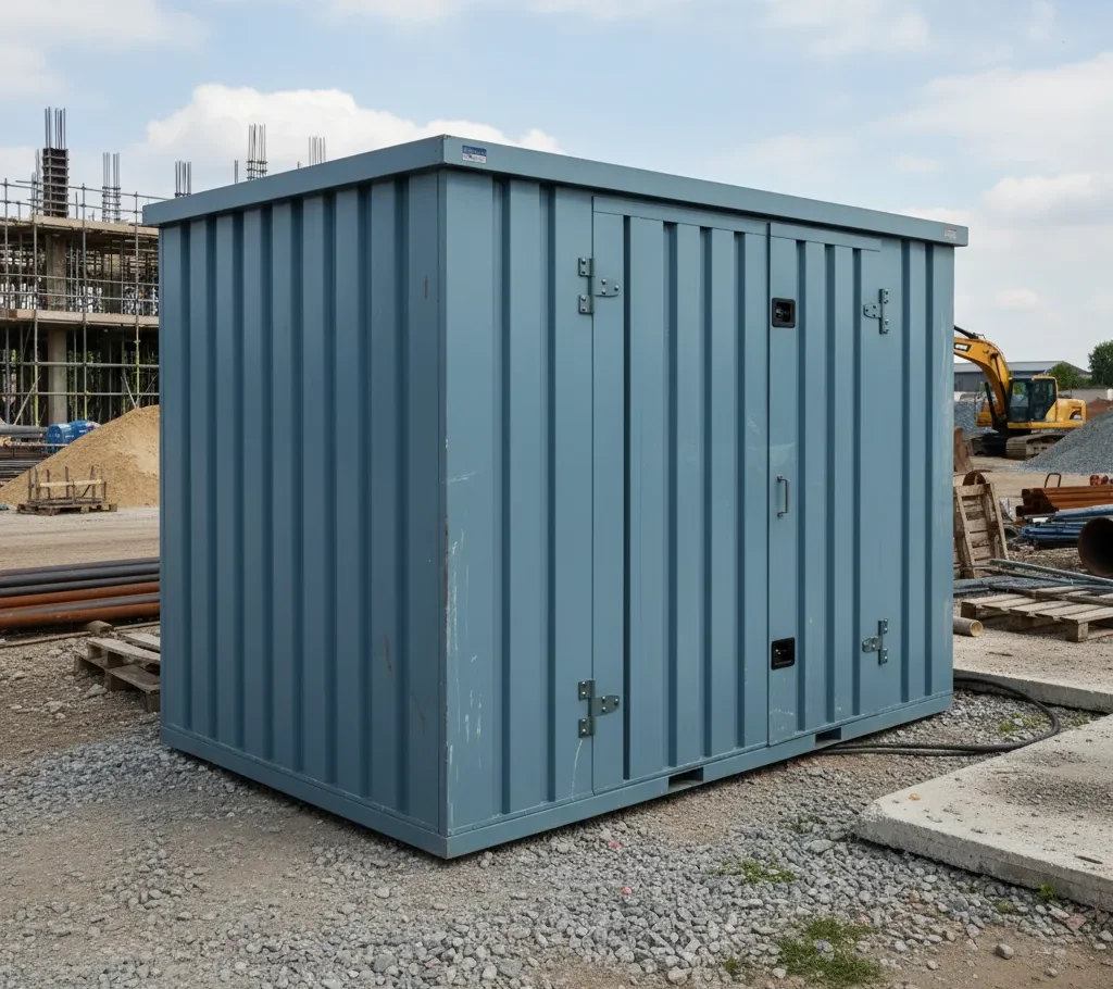 Reusable flat-pack storage container installed at a construction site for sustainable material storage