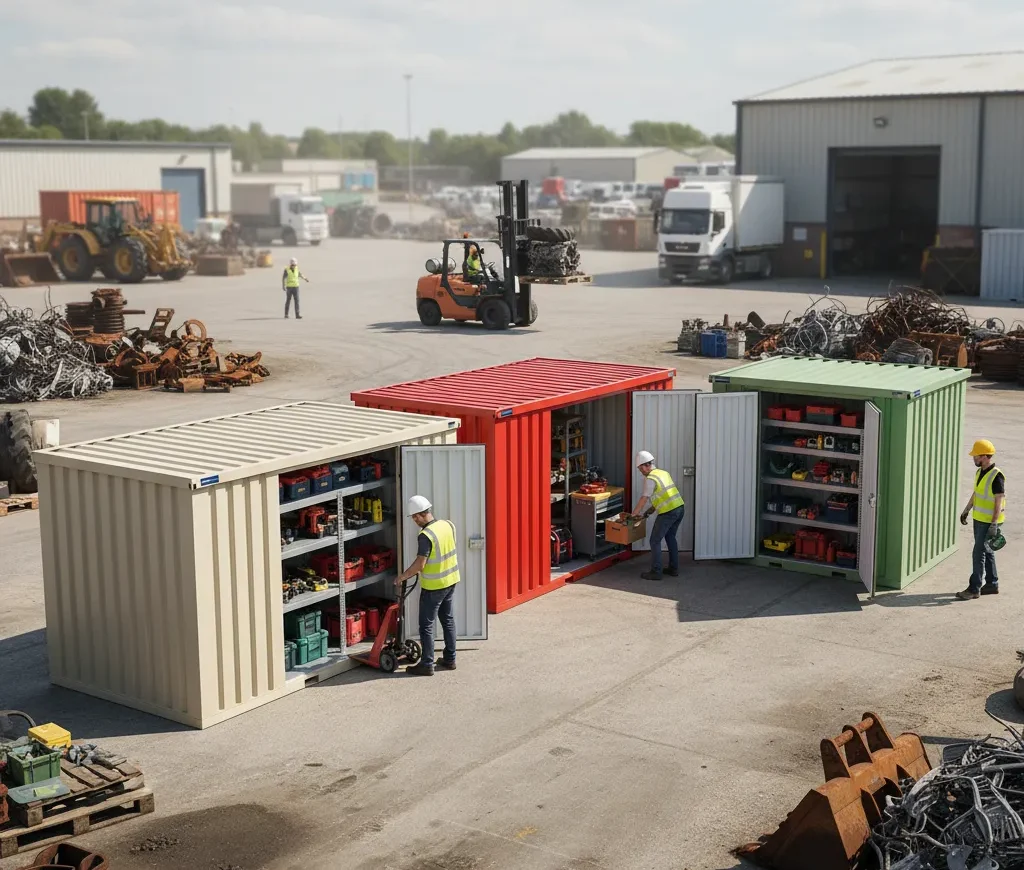 Active equipment dealer yard with workers accessing storage containers and managing tools and parts