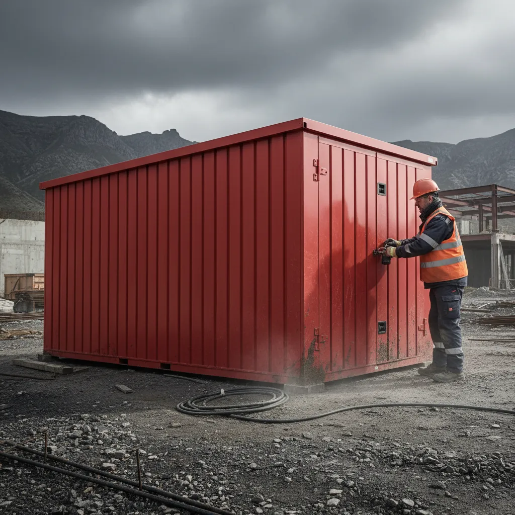 Rugged steel storage container being used in harsh remote site conditions by industrial worker