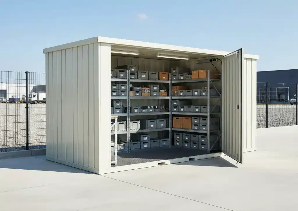Custom storage container with organized shelving system and labeled storage bins inside