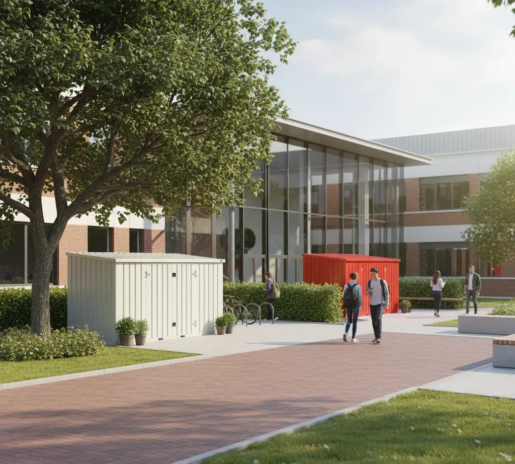 Storage containers placed near campus sports field for quick and efficient equipment access