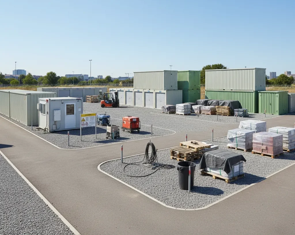 Flat-pack storage containers deployed in a long-term outdoor storage and logistics yard