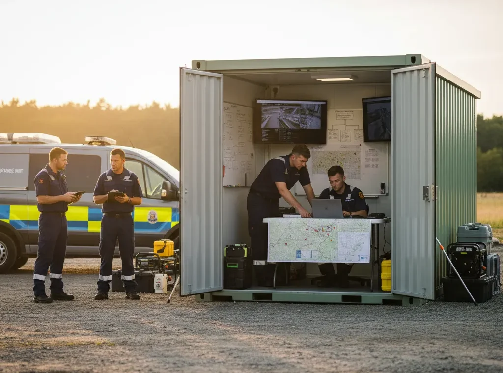 Emergency response team coordinating operations using prefab office at field site