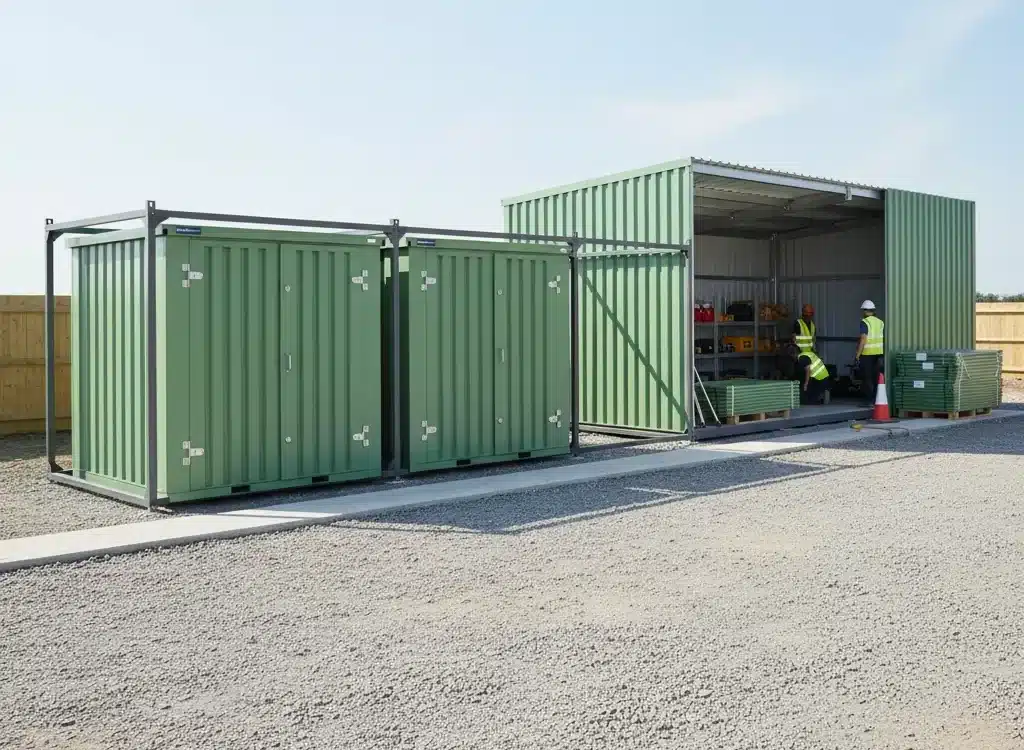 Self-assembly flat-pack storage containers installed on-site with workers organizing equipment and materials