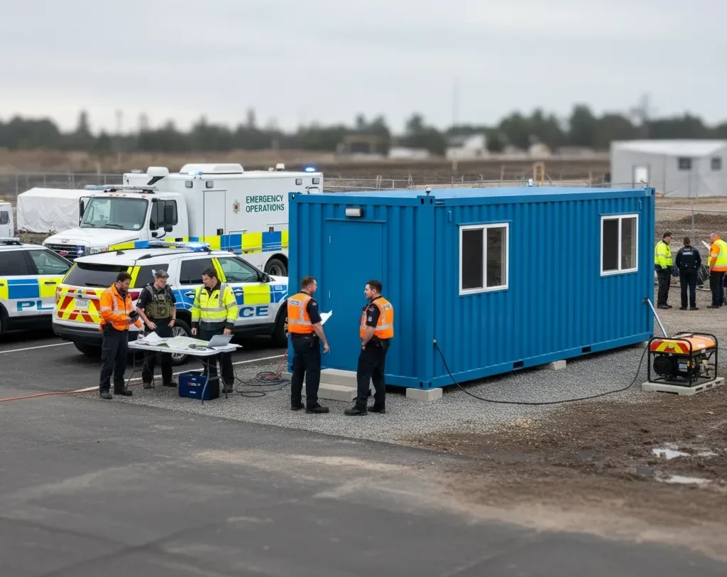 Prefab office used as emergency command center with responders and vehicles on site