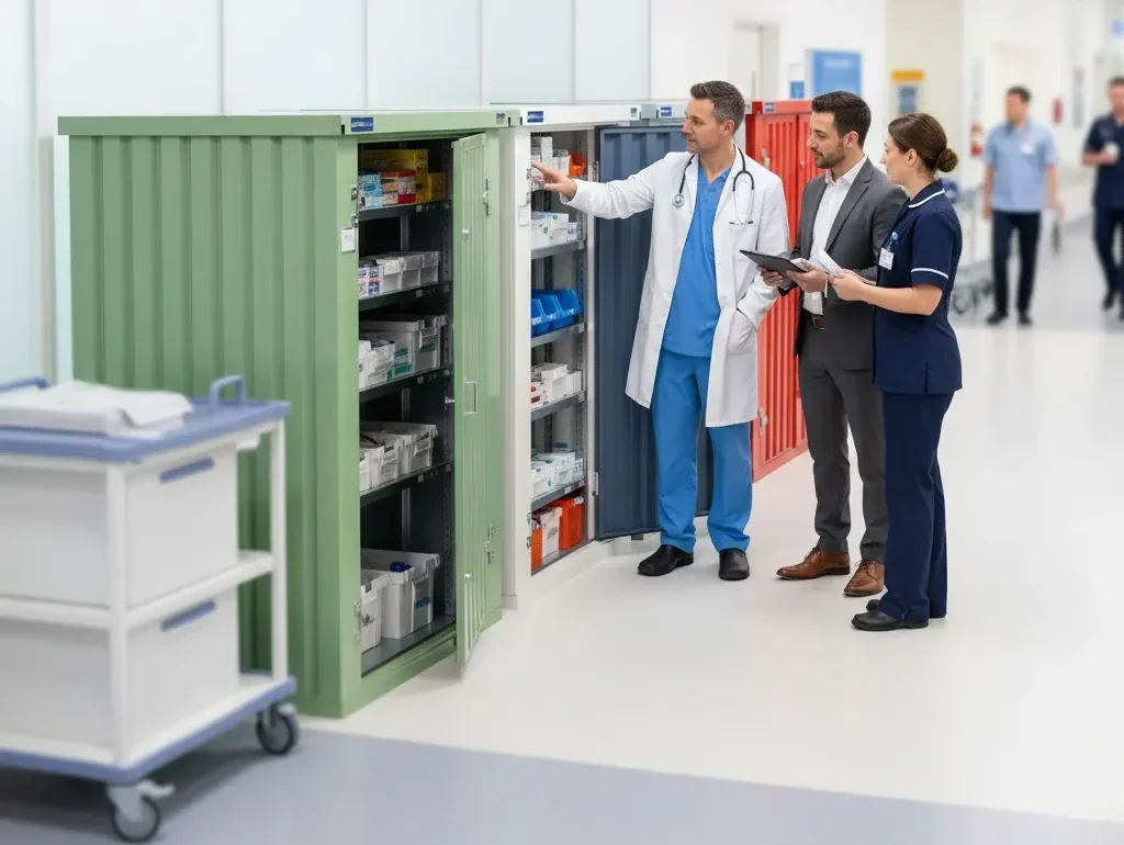 Healthcare professionals using organized storage units to support efficient operations