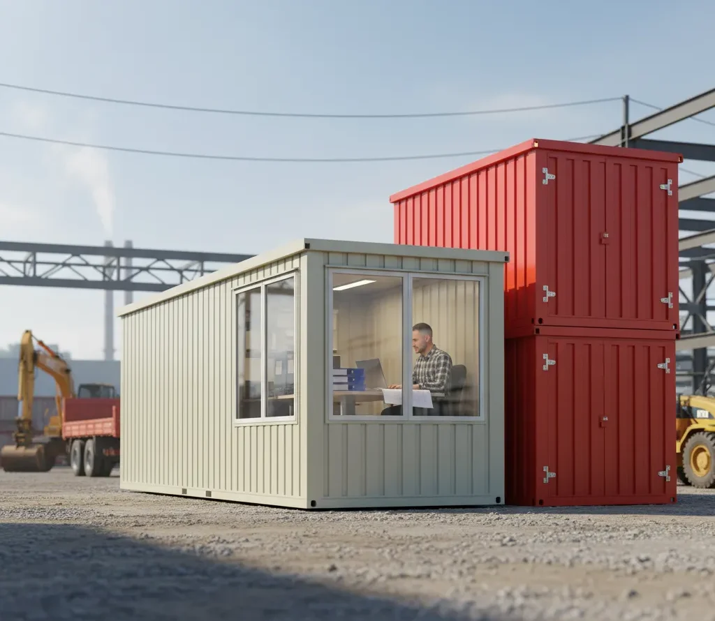 Mobile office trailer next to storage containers supporting operations at a remote industrial site
