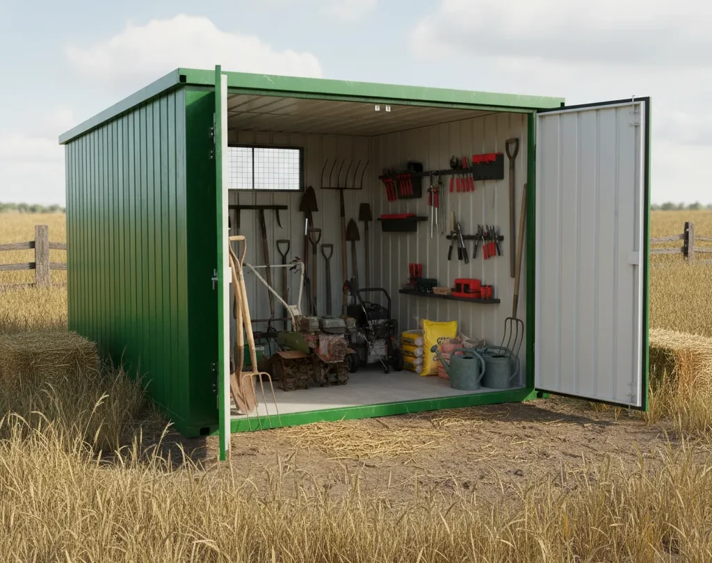 Agricultural tools and farm equipment stored inside a steel storage container in a field