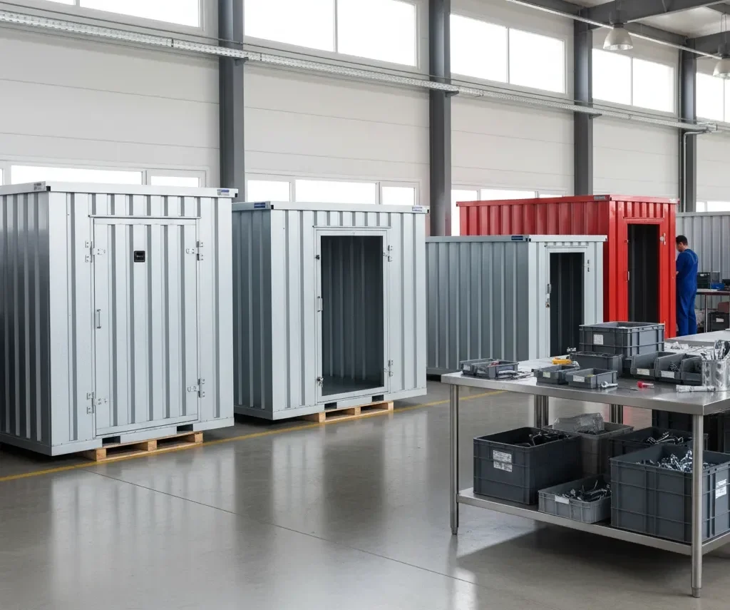 Standardized flat-pack storage containers assembled in a clean production facility