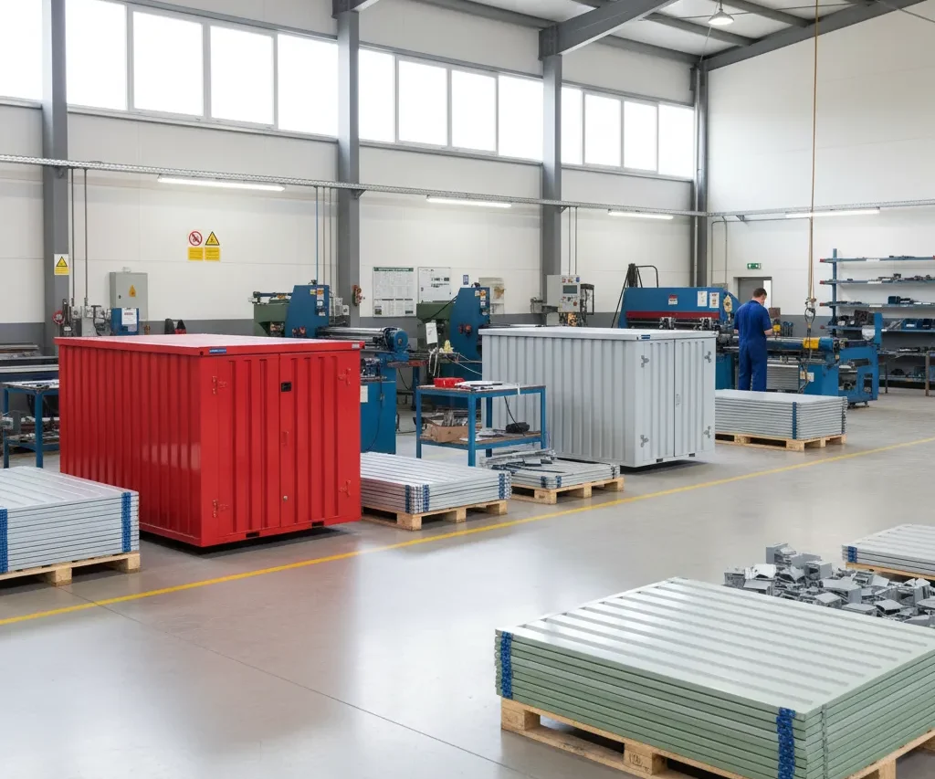 Flat-pack storage container components and assembled units on a manufacturing floor