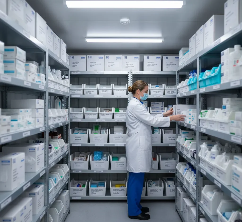 Organized healthcare storage interior with labeled medical supplies and staff retrieving items