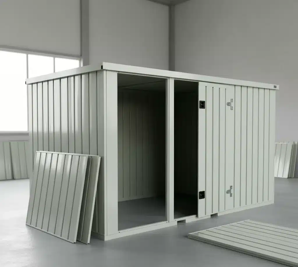 Partially assembled flat-pack storage container inside warehouse during modular installation process