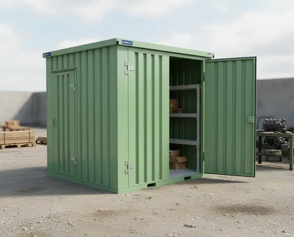 Custom storage container with side access door and internal shelving for organized equipment storage