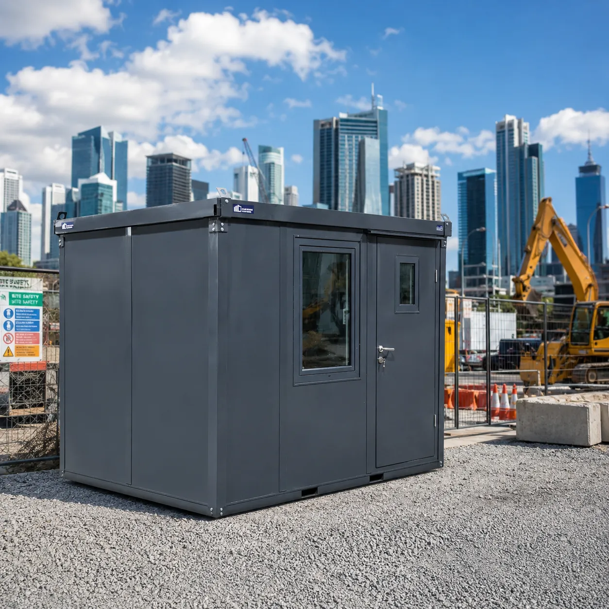 Dark gray modular site office container at an urban construction site