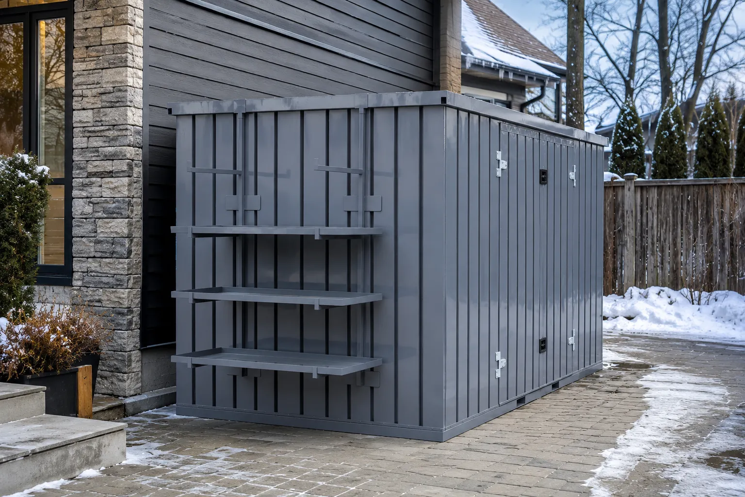 Gray mobile storage container with exterior shelves in a snowy outdoor setting