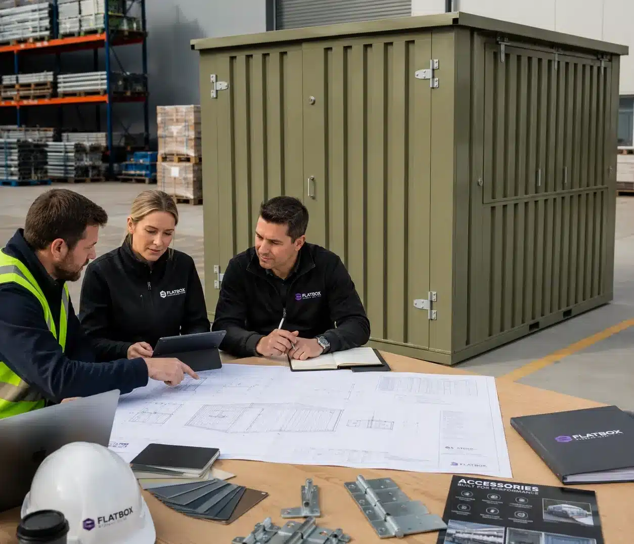 Procurement manager comparing flat-pack storage container specifications and delivery planning