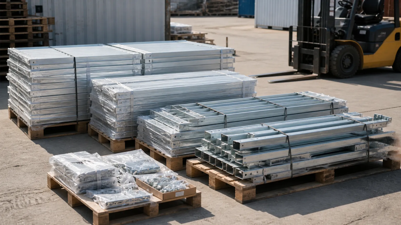 Palletized flat-pack storage container components staged for delivery and assembly at a commercial site