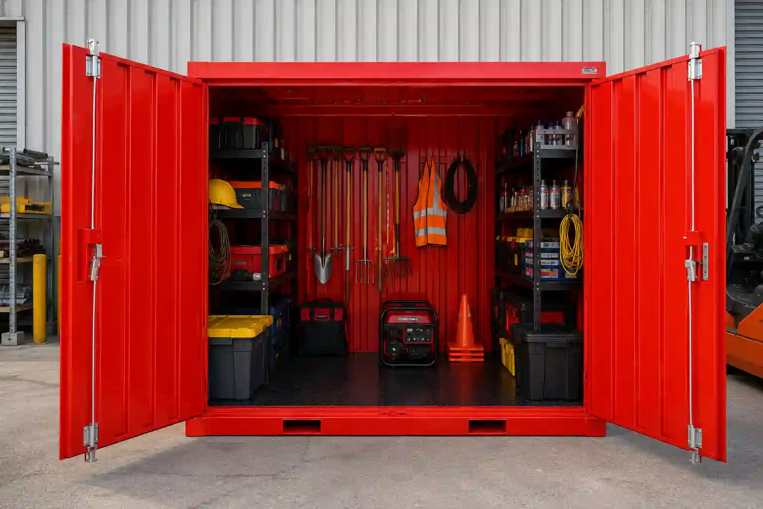 Open red flat-pack storage unit organized with tools, shelves, and jobsite equipment