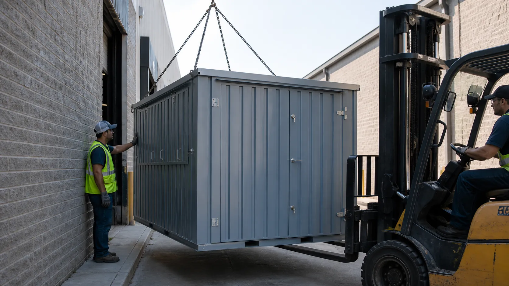 Flat-pack storage container being delivered and positioned in a tight-access facility area