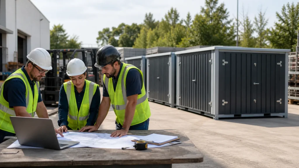 Team reviewing storage plans with flat-pack containers in the background