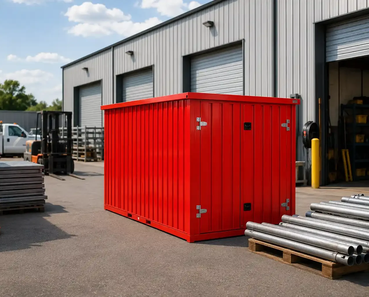 Red flat-pack steel storage unit for outdoor industrial storage near a warehouse