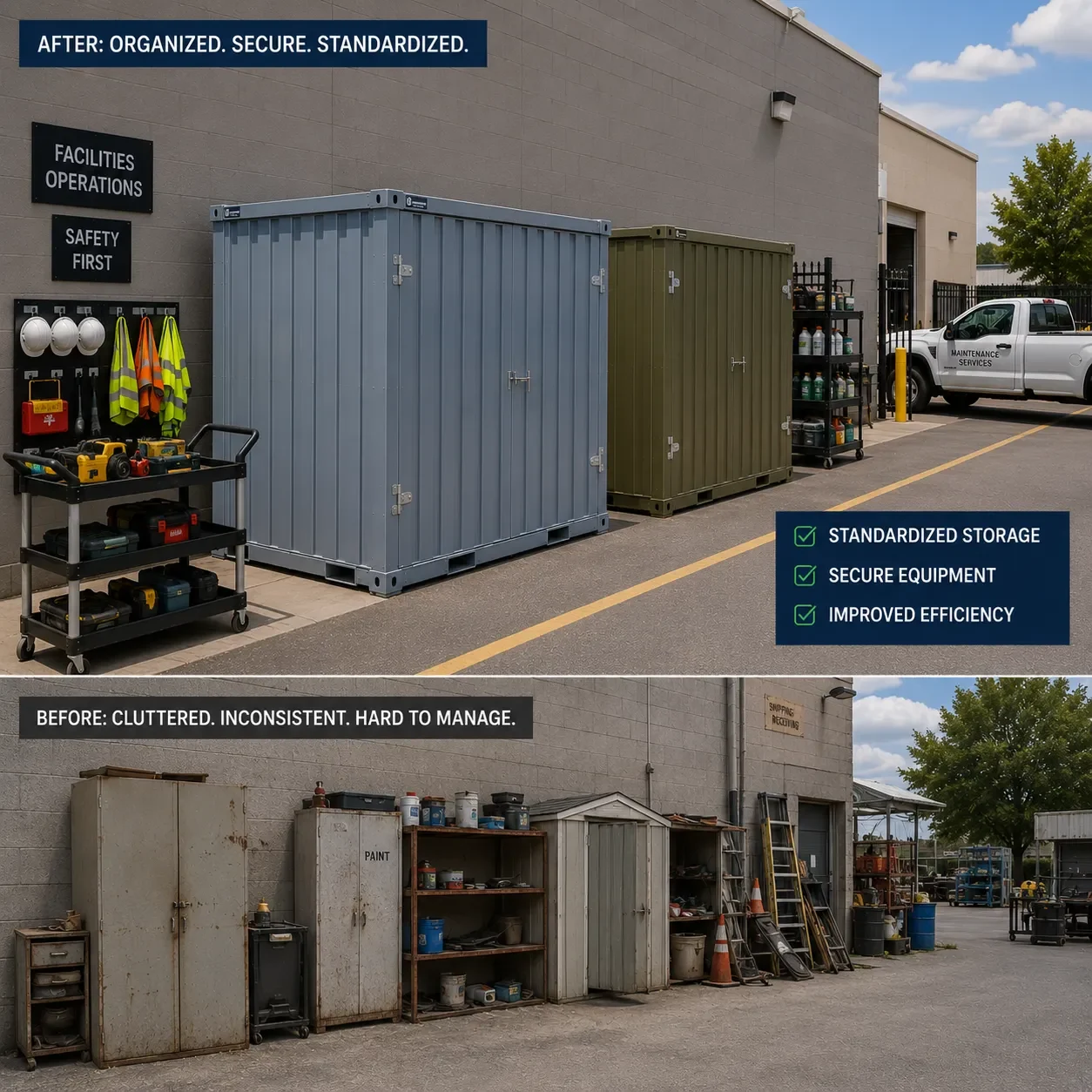 Organized flat-pack storage containers replacing inconsistent commercial storage setups