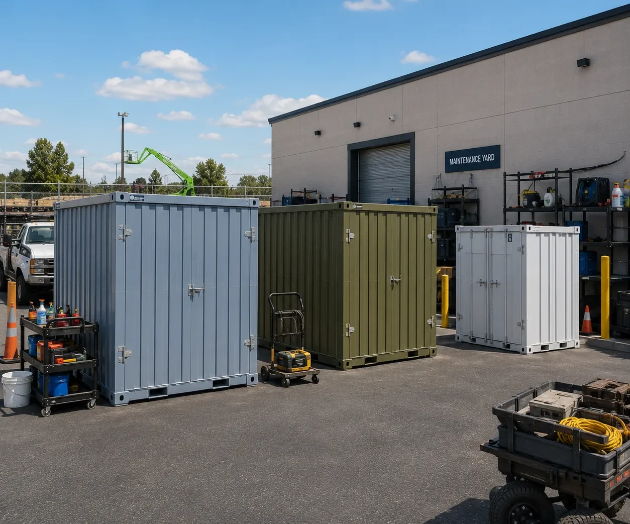 Durable flat-pack steel storage containers in a commercial maintenance yard
