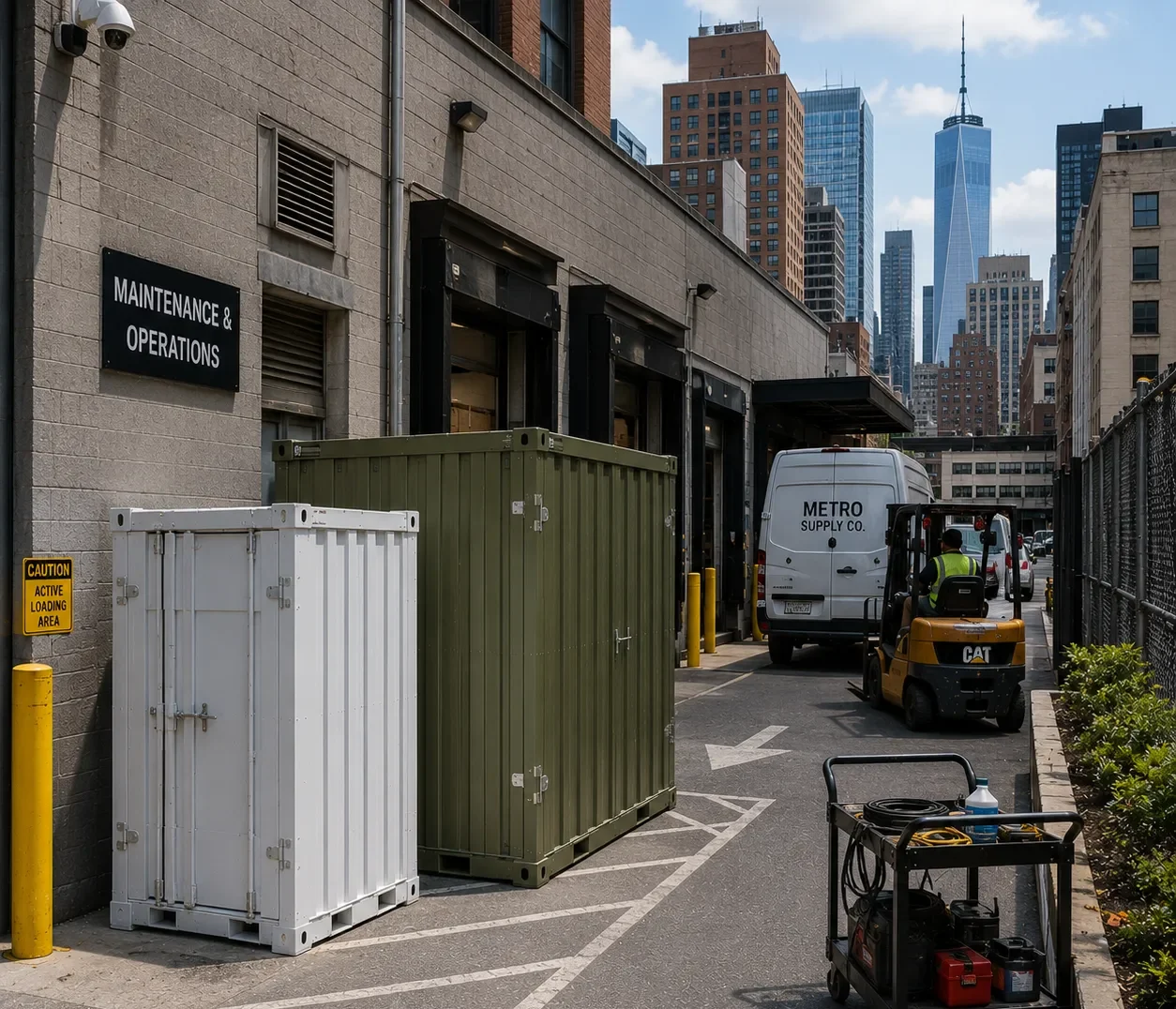 Compact flat-pack storage containers positioned at a busy New York commercial site