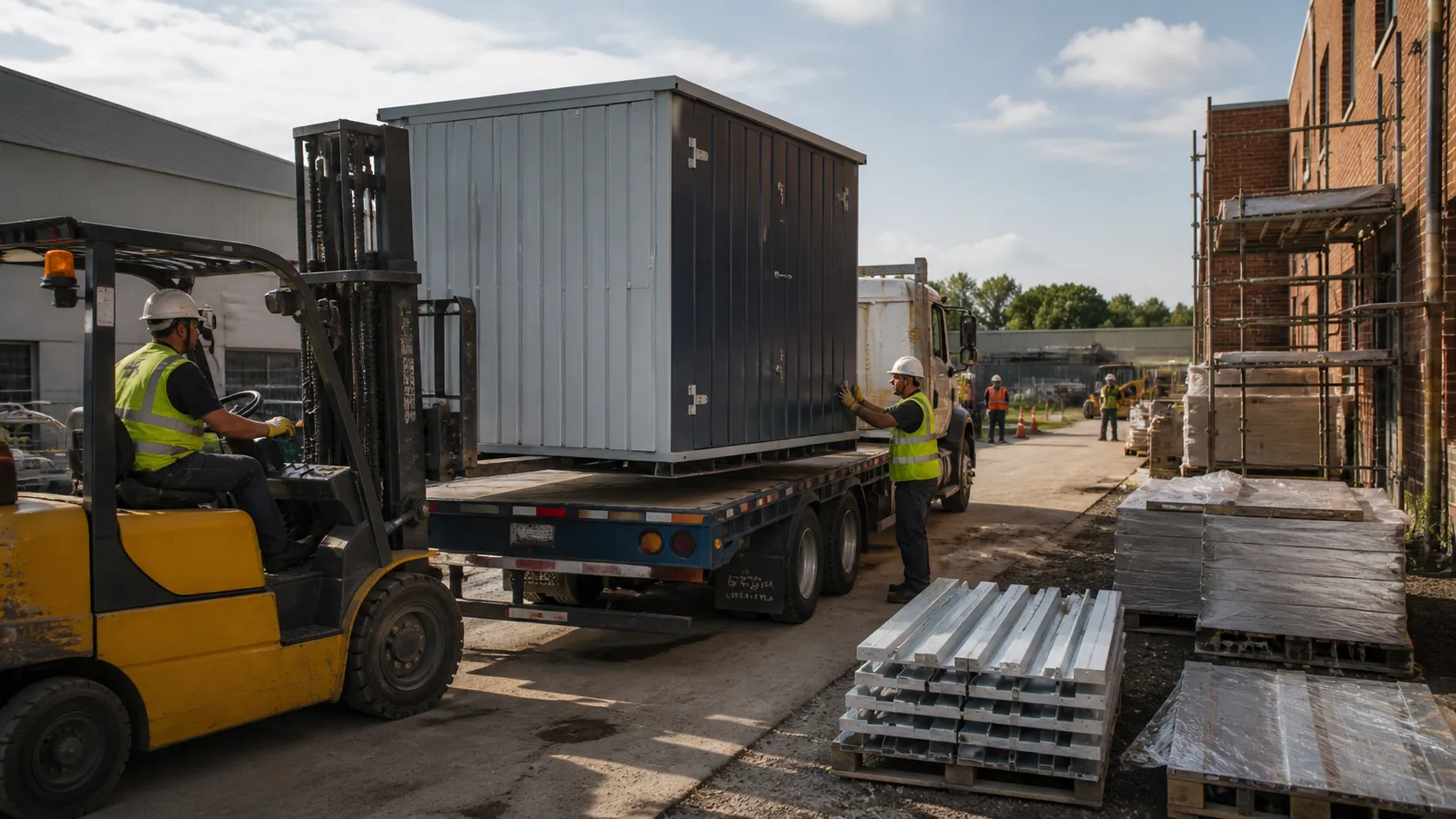 Flat-pack storage container being unloaded at a commercial jobsite with a forklift and delivery crew