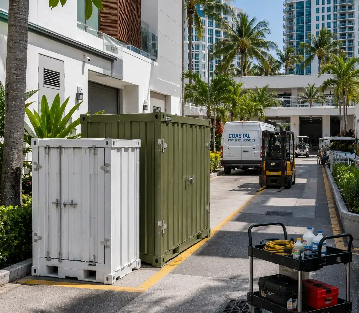 Compact flat-pack storage containers placed at a Miami commercial property