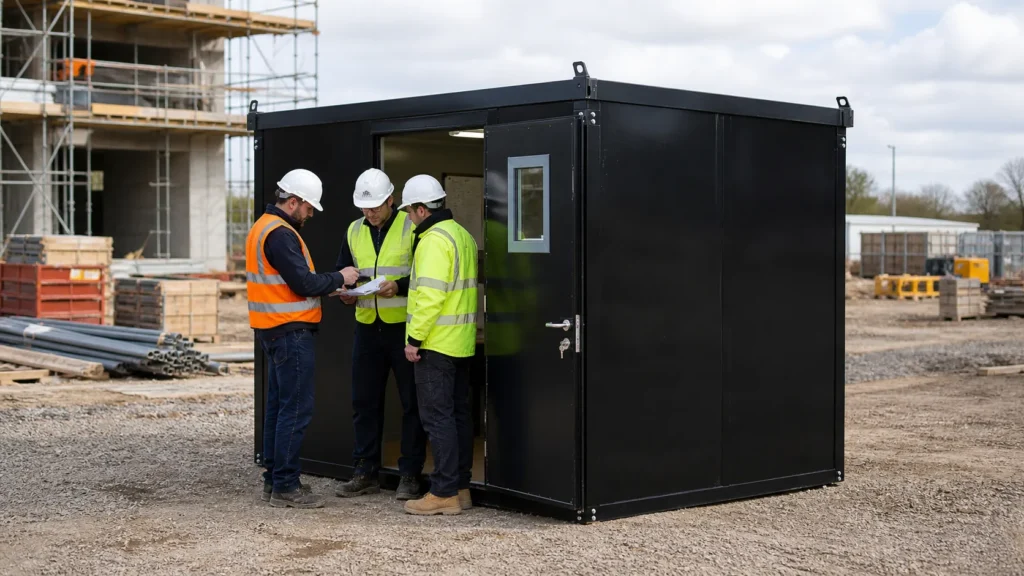 Construction workers reviewing plans outside a flat-pack office container at an active jobsite