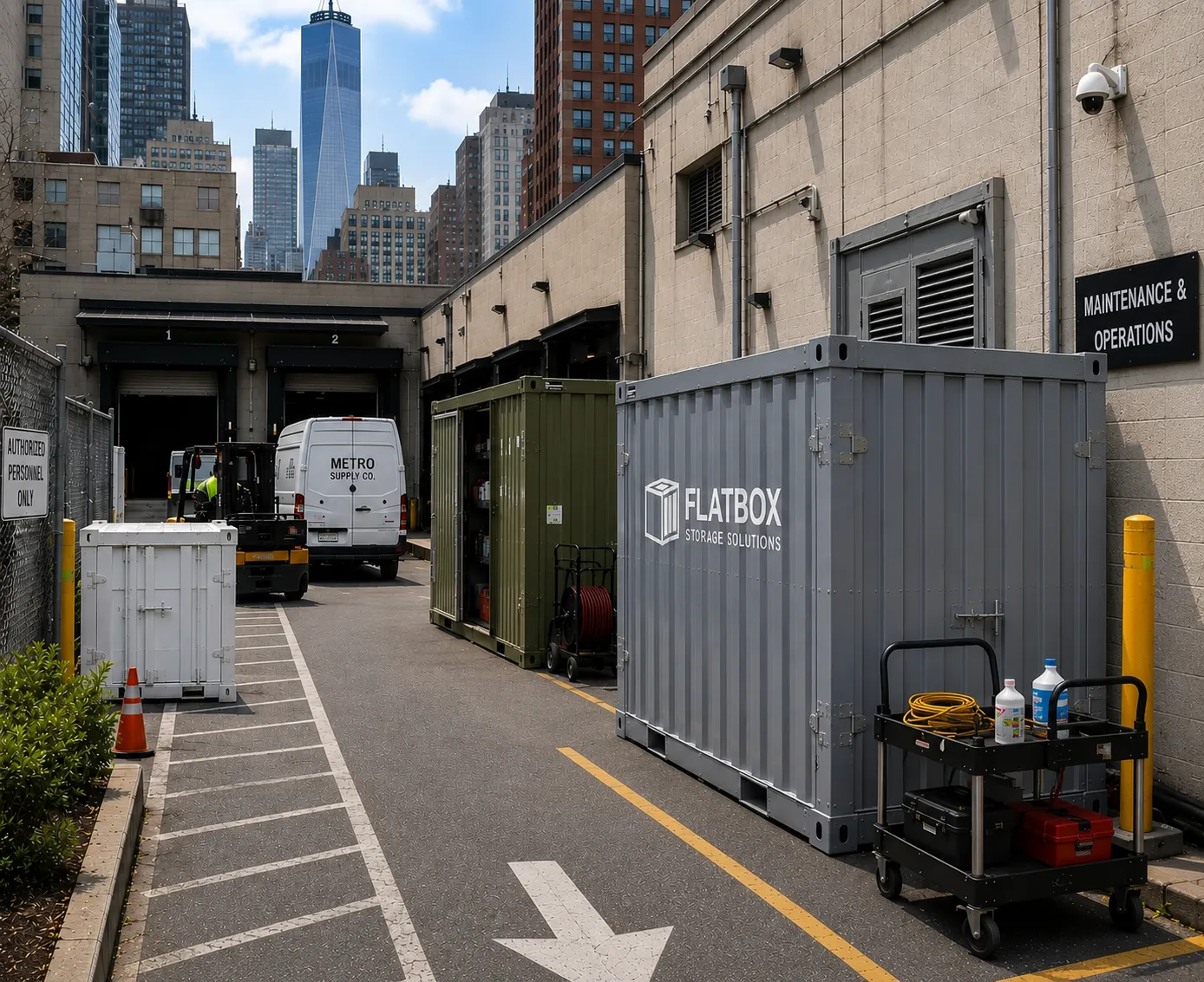Flat-pack storage containers supporting maintenance operations at a New York commercial property