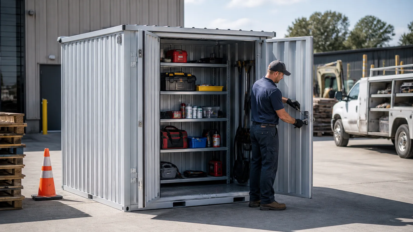 Worker securing flat-pack storage container with organized interior shelving and locking system