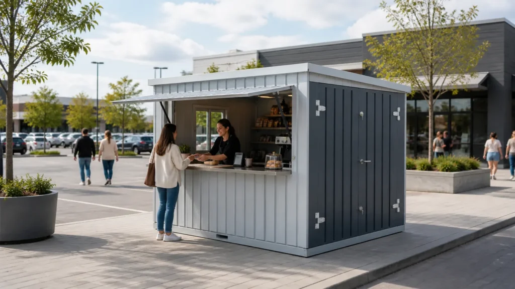 Flat-pack kiosk container operating as a customer service and retail point in a public commercial plaza