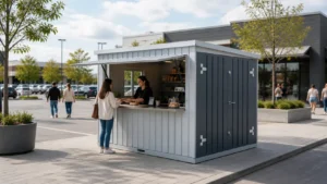 Flat-pack kiosk container operating as a customer service and retail point in a public commercial plaza