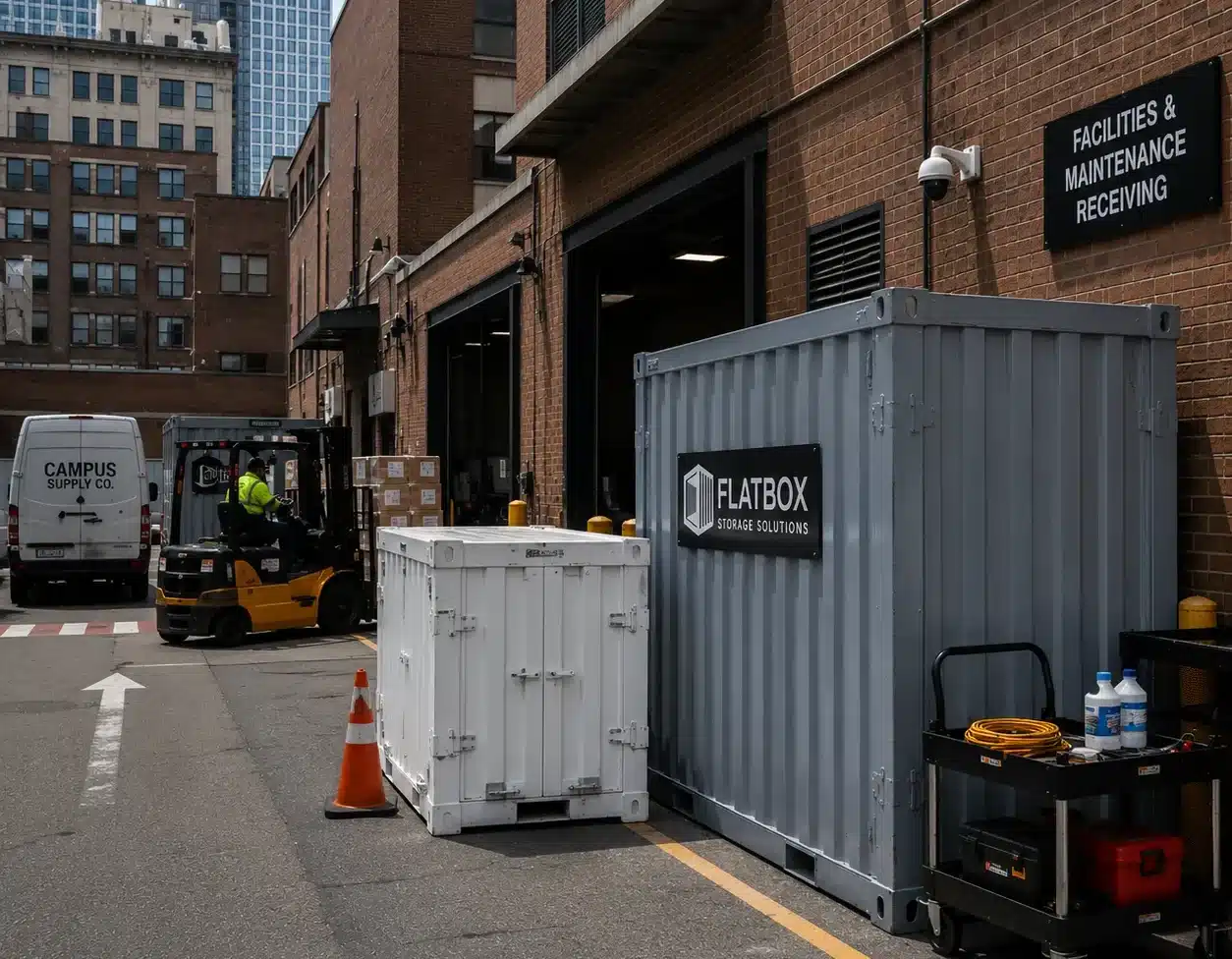 Flat-pack storage containers coordinated for delivery at a Boston commercial property