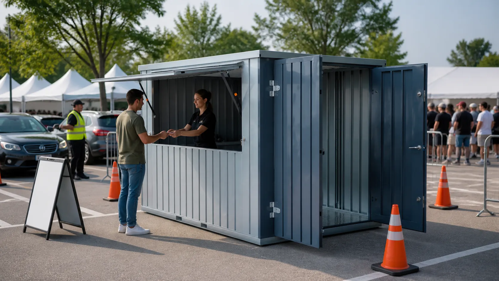 Flat-pack kiosk container operating as an event service and visitor check-in point in a public venue