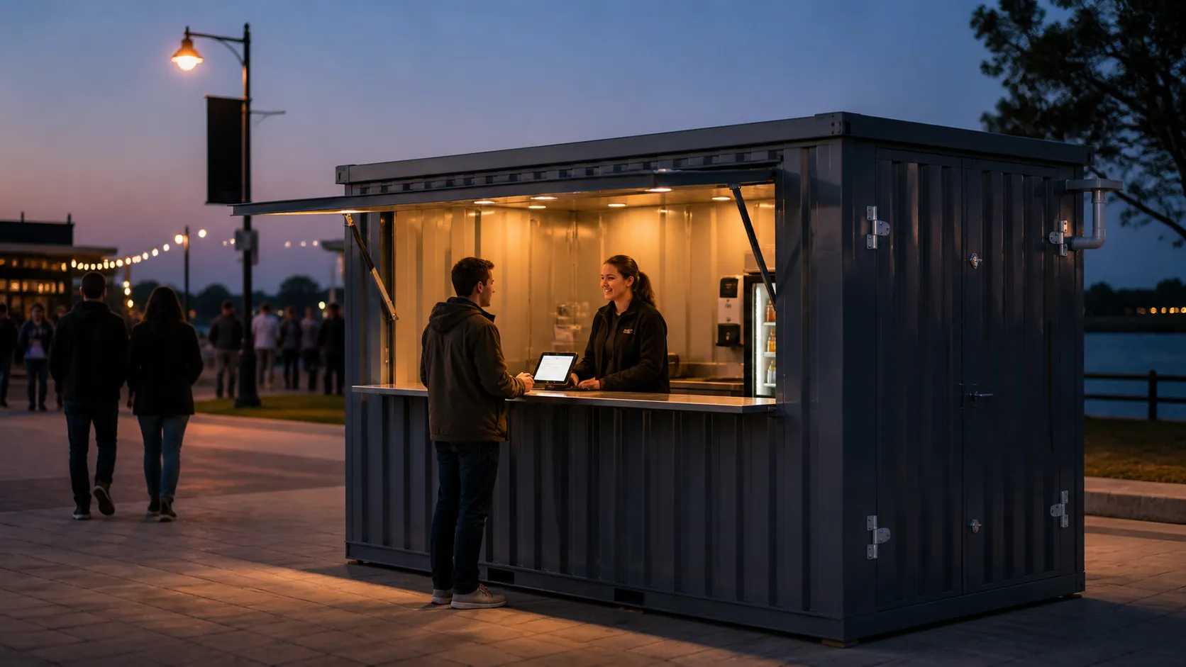 Flat-pack kiosk container operating as a customer service point at an outdoor event entrance